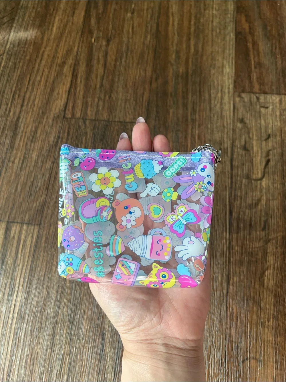 2 Cute Pastel Pink & Purple Sticker-Print Kids Coin Pouch with Keyring
